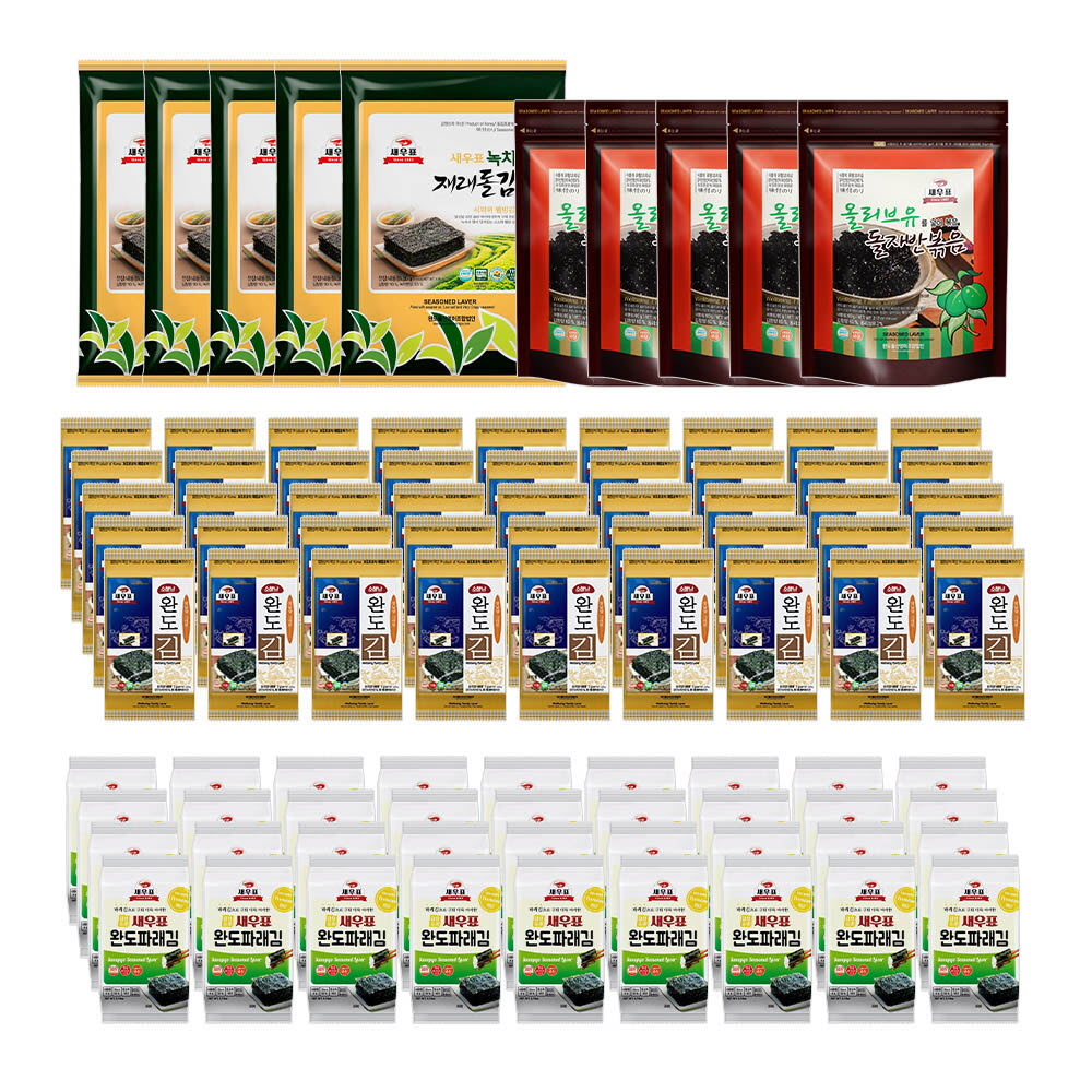 [km][새우표] 완도김 꾸러미 4종 실속세트 (도시락김 2g x 80봉 + 파래 도시락김 4g x 32봉 + 올리브유 돌자반볶음 60g x 7봉 + 녹차재래 돌김전장 30g x 5봉)