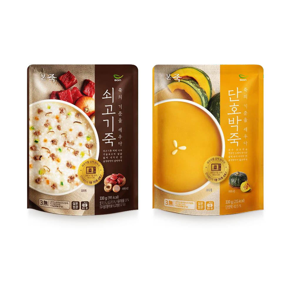 [km][본죽] 상온 쇠고기죽 단호박죽 2종 택1 (330g x 2팩)
