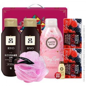 [km]아모레 려샴푸180용기2P 해피바스바디워시200용기 애경포인트베리비누2P 샤워볼(6종)